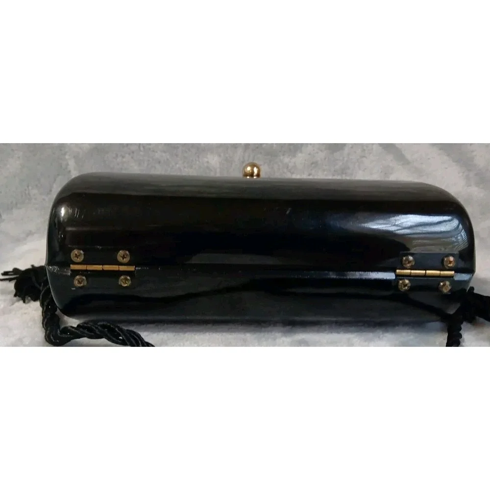 Vintage Hong Kong Made Plastic‎ Purse Black Tasseled Strap Gold Tone Latch READ